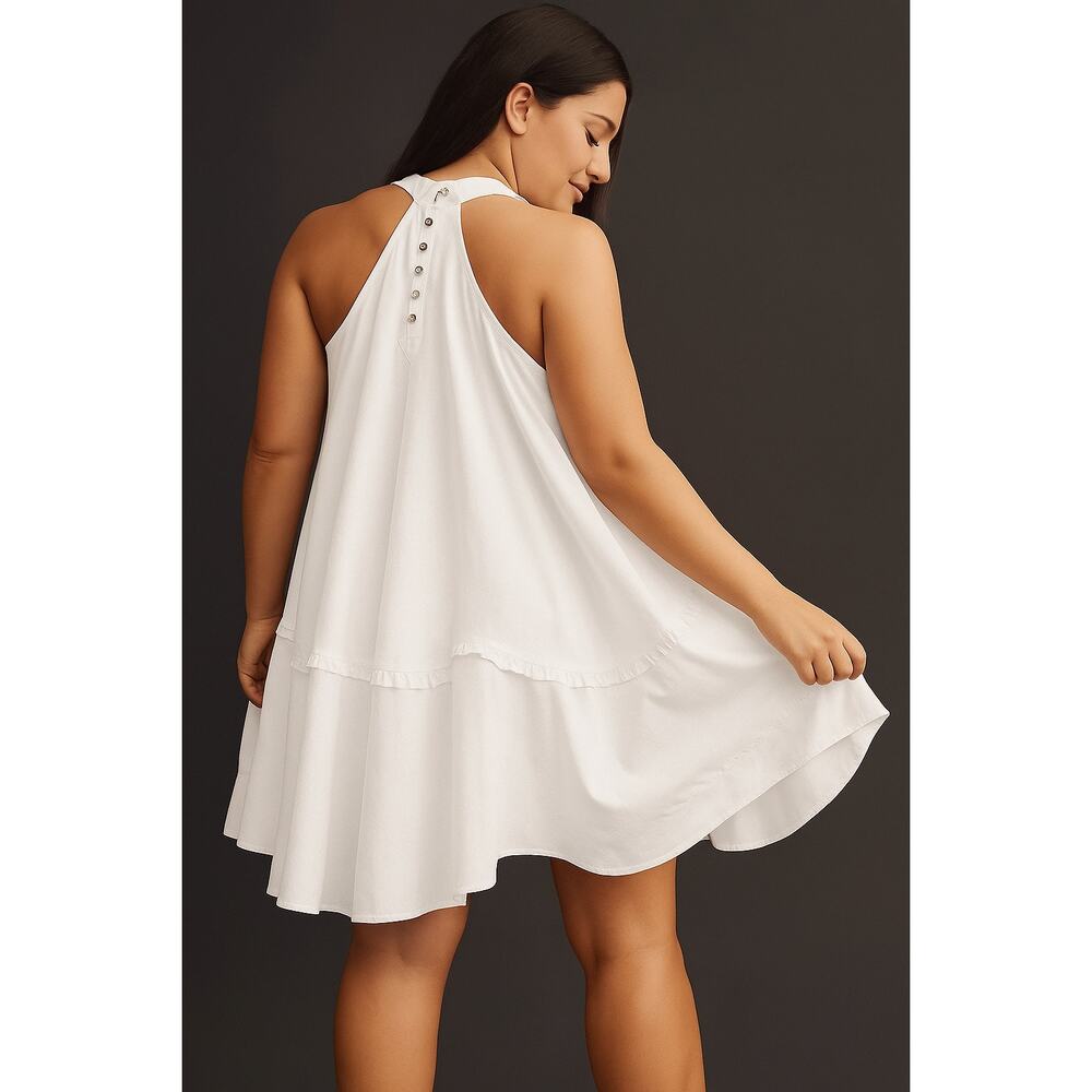 BY ANTHROPOLOGY White V-Neck Swing Tunic Midi Button Up Back Dress sz M NWT